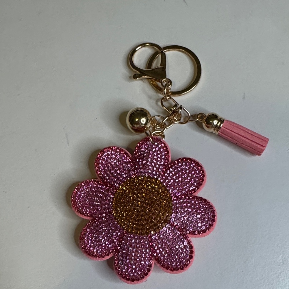 Pink Flower Keychain with Gold Accents